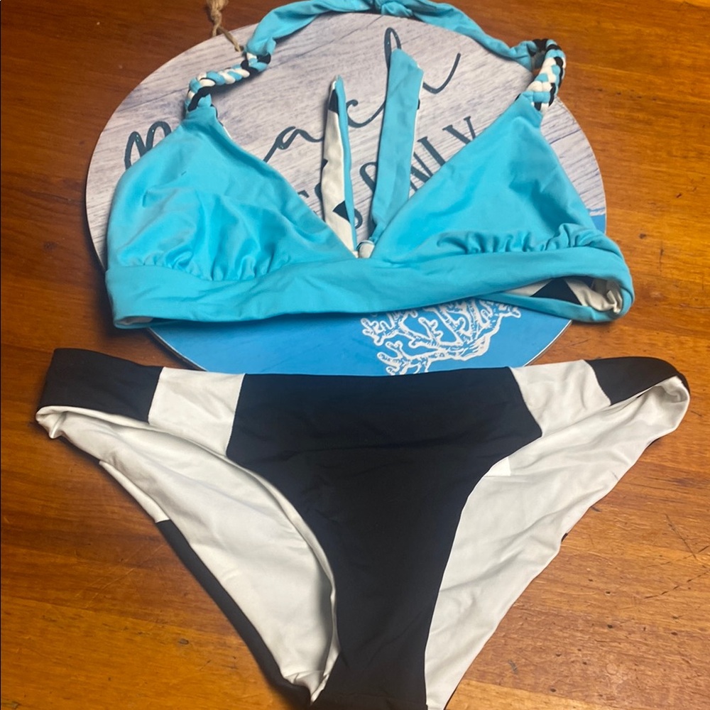 l*space Turquoise, Black & White Two-Piece Bikini with reversible top